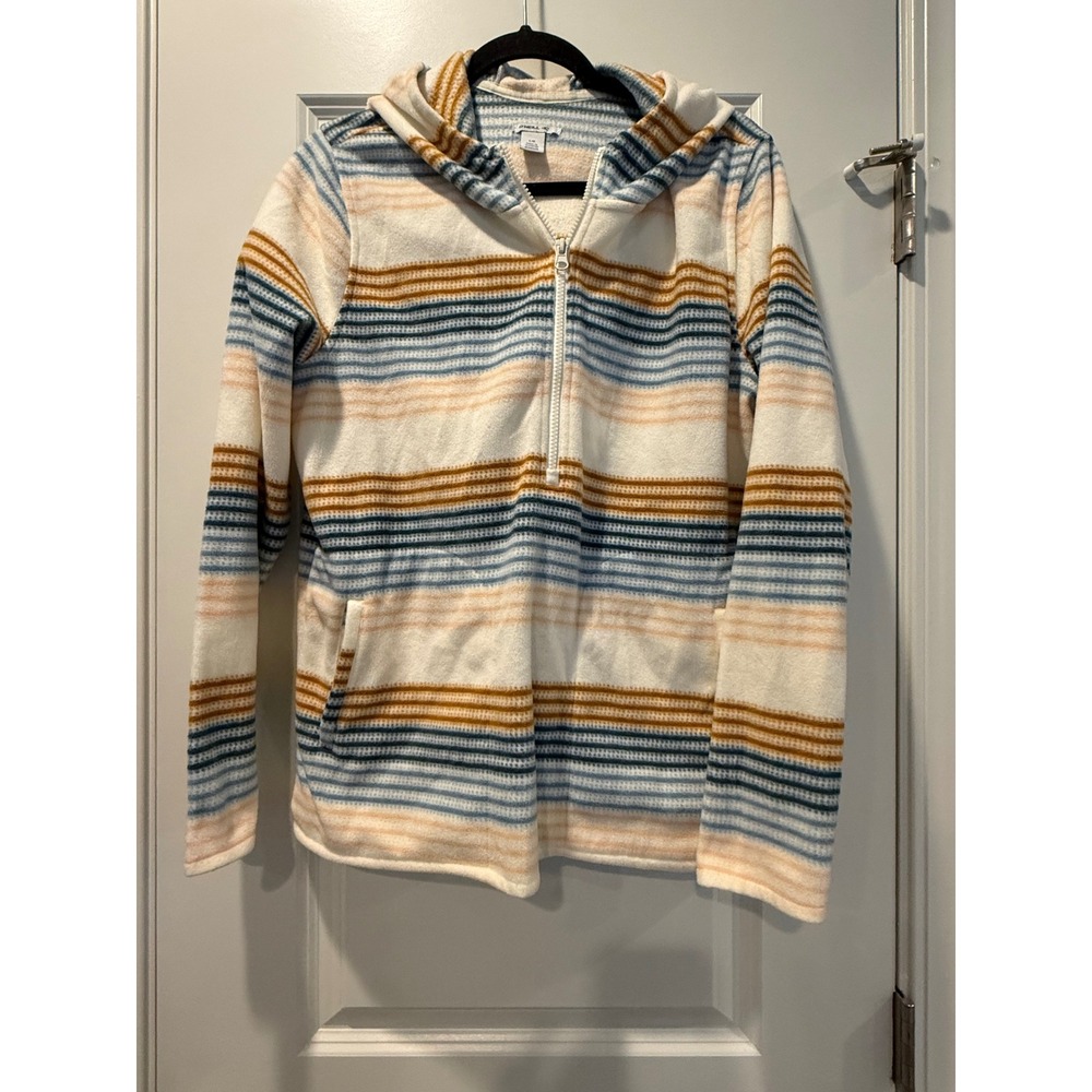 O'Neill Womens Striped Waffle Knit Fleece Hoodie Blue Yellow Cream‎ Pullover